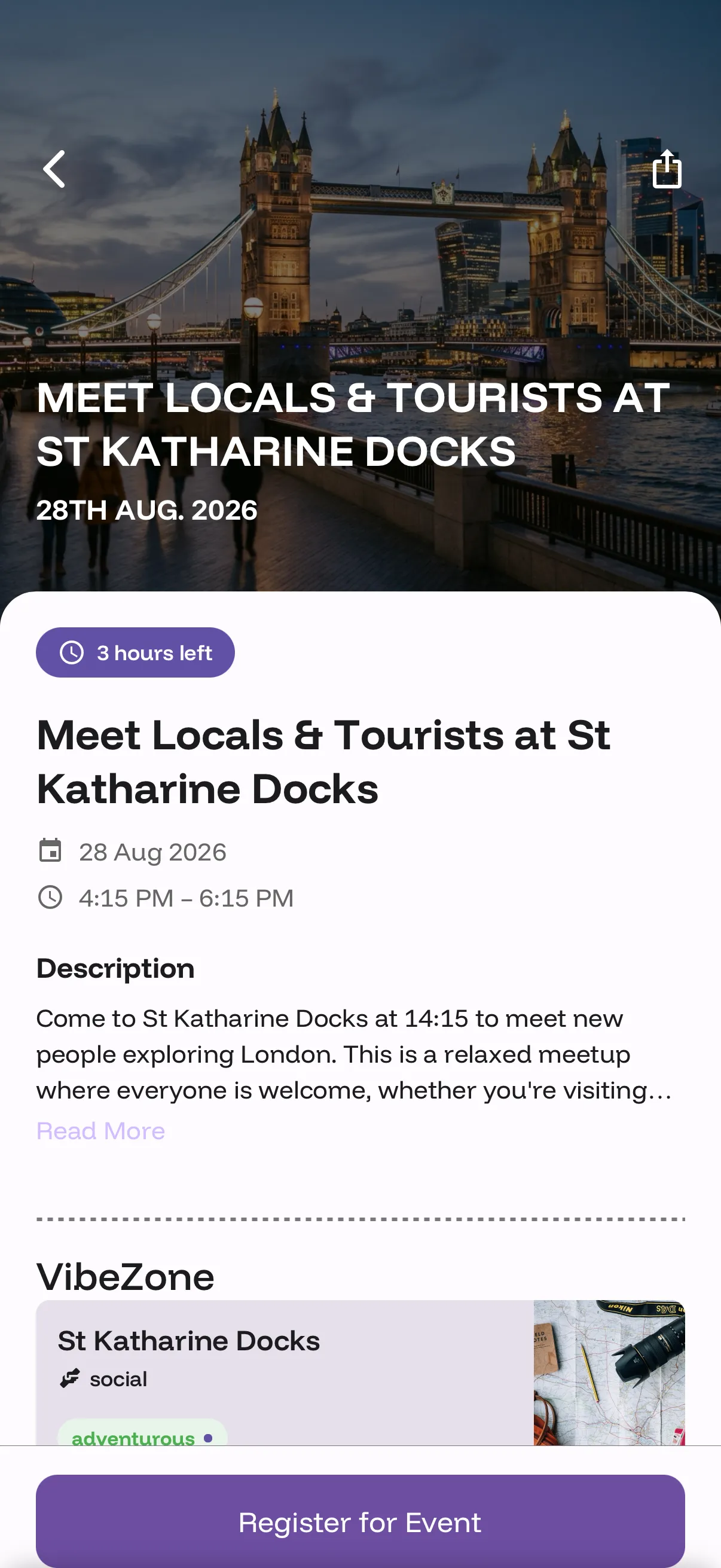 The FirstMove app showing a full event detail page with time, location, and description