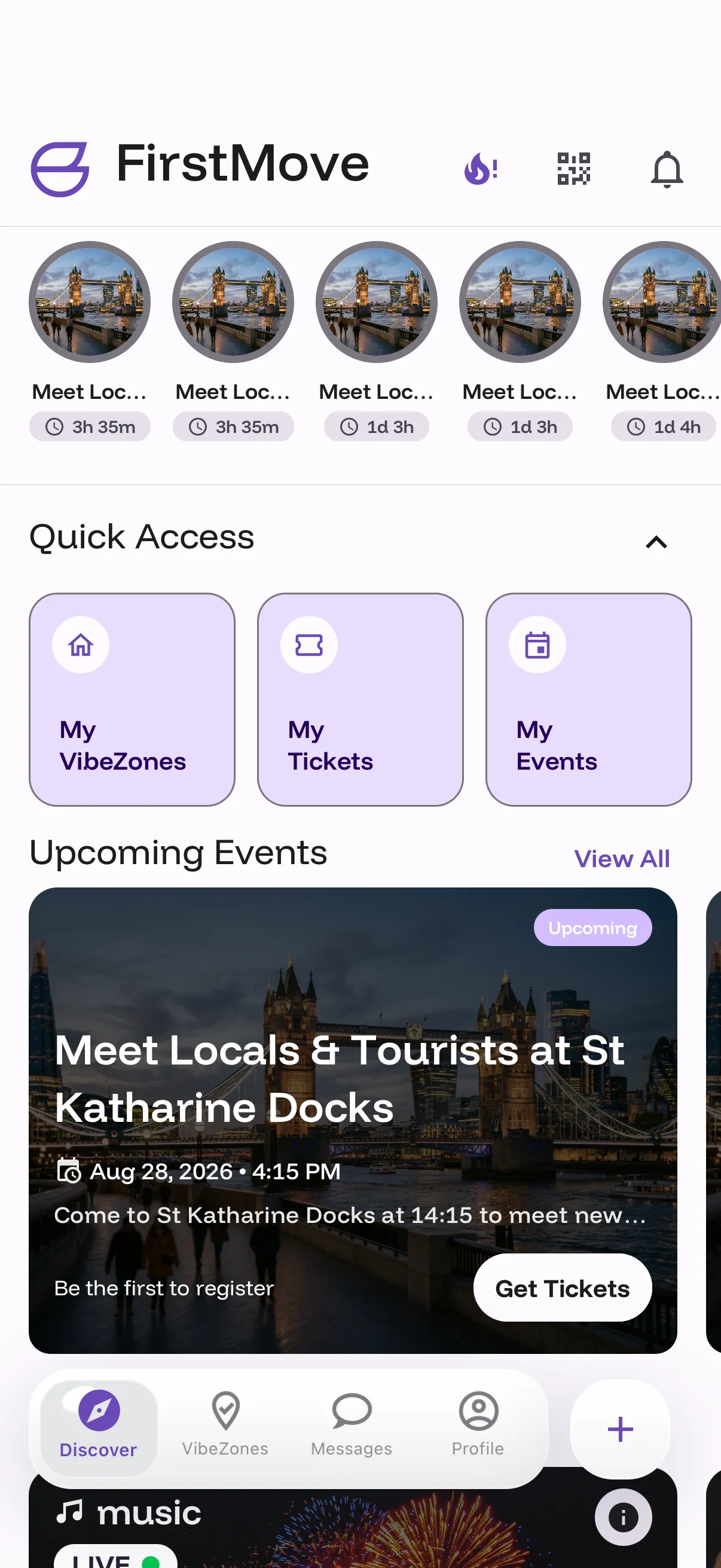 The FirstMove home feed showing nearby live VibeZones