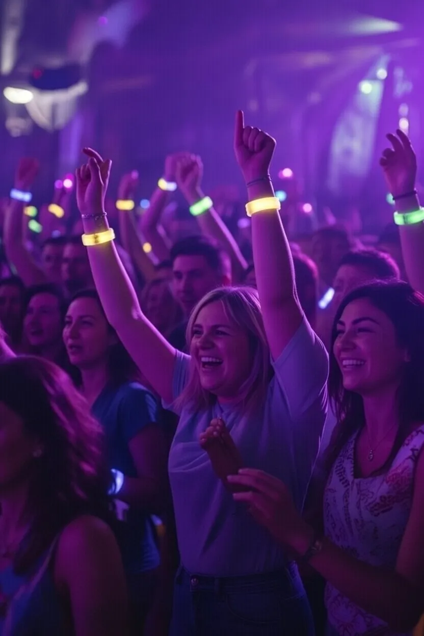 A packed crowd at a gig, phones down, hands in the air