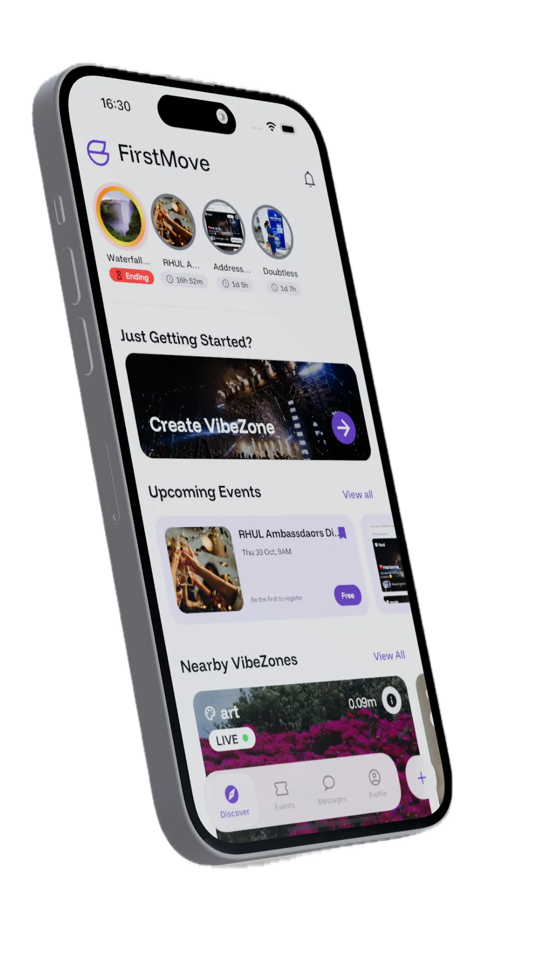 FirstMove home screen showing live and upcoming VibeZones