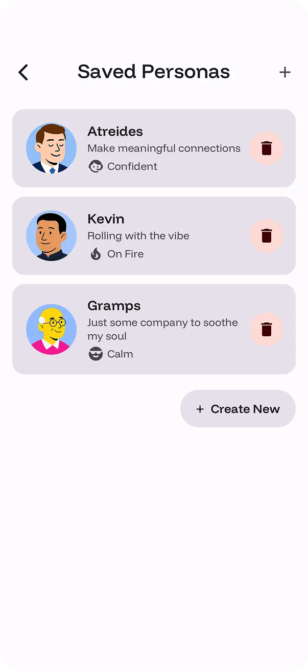 The FirstMove app showing saved, switchable identities for different events