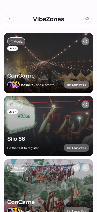 The FirstMove app showing live VibeZones to browse, with venue photos and LIVE badges