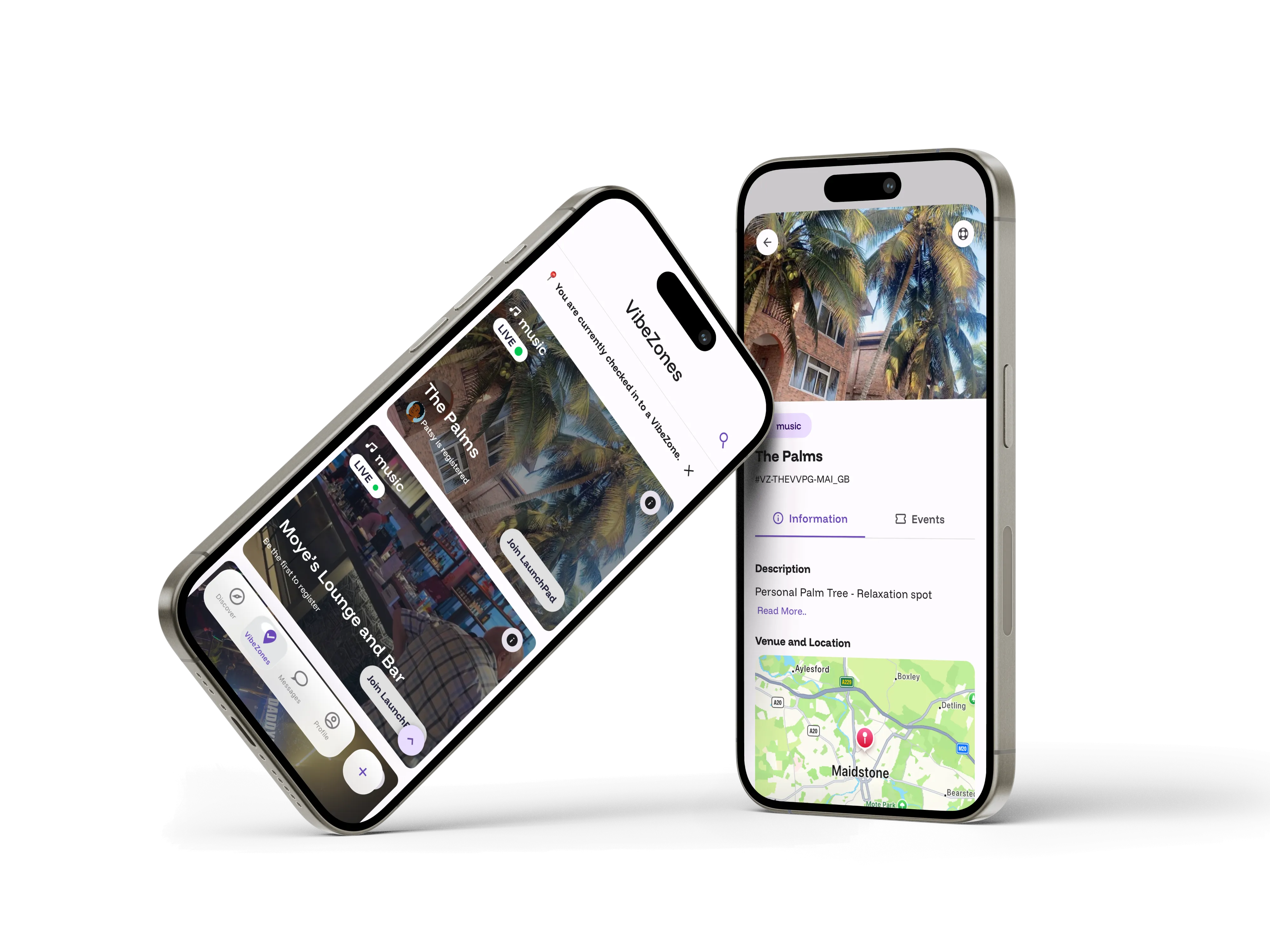 Two phones showing the VibeZones list and a venue detail page with its map location