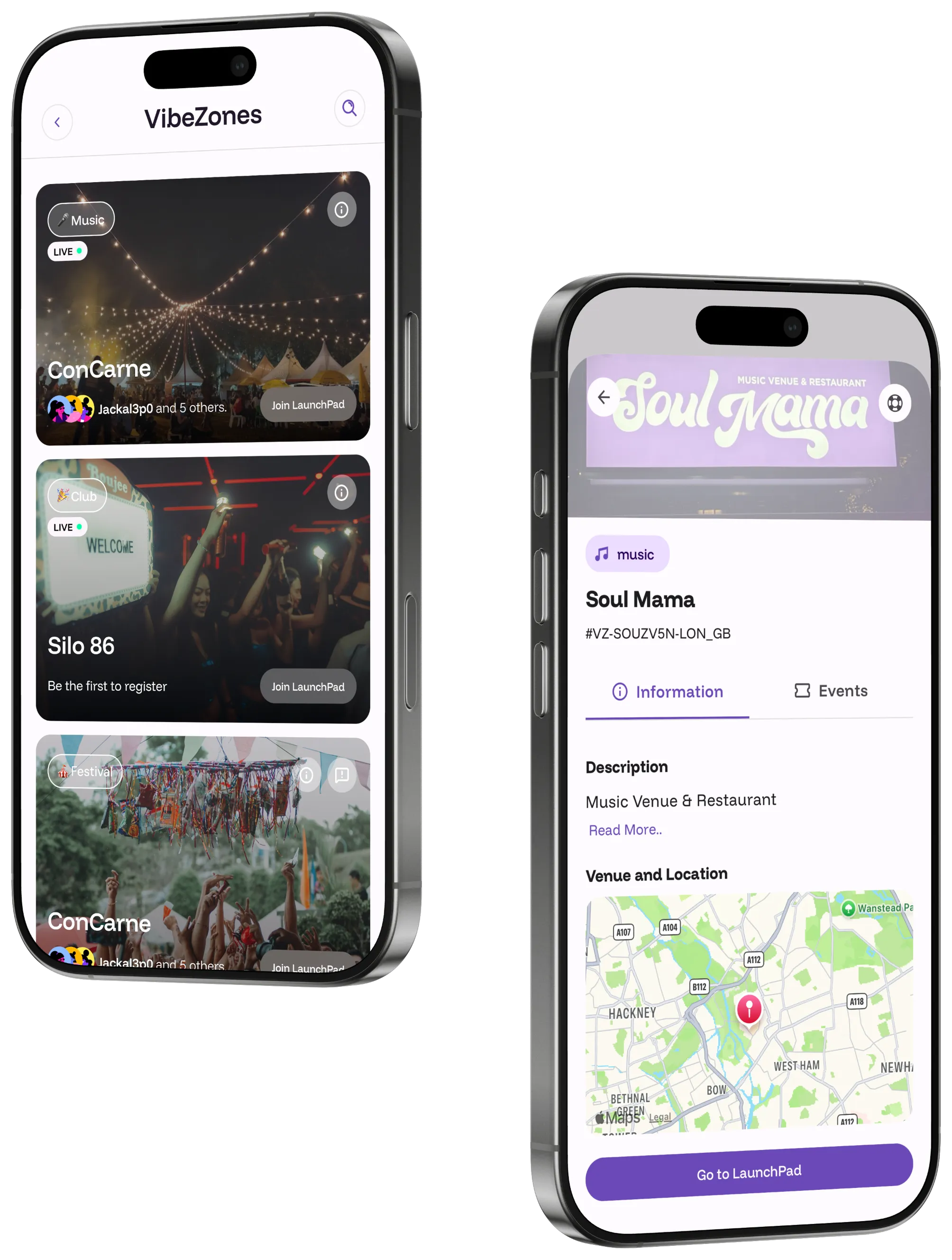Two phones showing a live VibeZones list and a venue detail page with its map location
